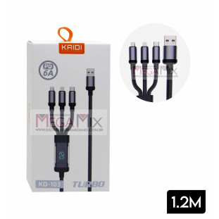 Cabo para Celular 3 em 1 (V8 + Iphone + Tipo C) com Visor Led KD-103- Kaidi