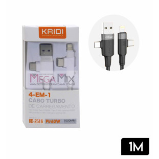 Cabo de Dados 4 em 1 USB/Tipo C + Iphone/Tipo C 60W 1M KD-2516 - Kaidi