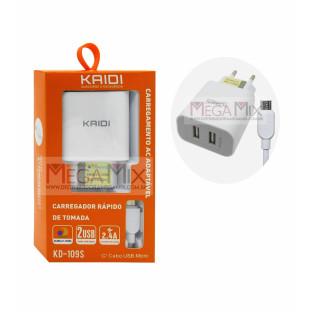 Carregador de Celular Micro USB V8  + 2 USB 2.4A KD-109S - Kaidi