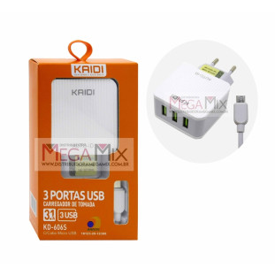 Carregador 3 USB + Micro USB (V8) 3.1A KD-606S - Kaidi