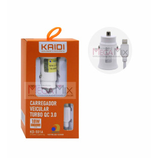Carregador Veicular USB Cabo Iphone 3A 18W KD-501A- Kaidi