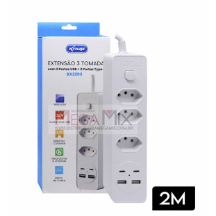 Extensão 3 Tomadas + 2 USB + 2 Tipo-C 2M BX2203 - Knup
