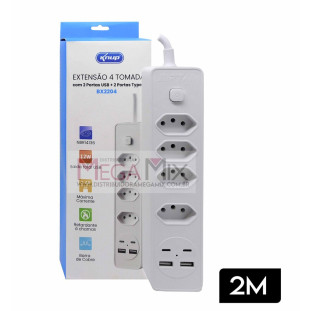 Extensão 4 Tomadas + 2 USB + 2 Tipo-C 2M BX2204 - Knup