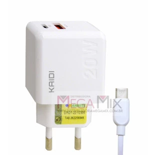Carregador de Celular Tipo-C USB + USB-C 20W KD-670C - Kaidi