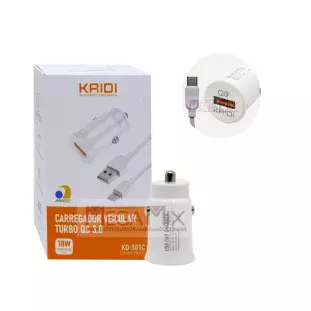 Carregador Veicular Turbo USB + Tipo C 3.0A  KD-501C- Kaidi