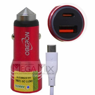 Carregador Veicular com Cabo Tipo C 1 USB + 1 USB-C 50W 1M OR-IC108/C - Oberon