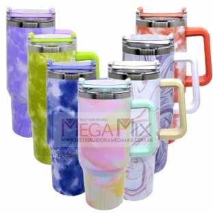 Copo Térmico Inox com Alça e Canudo (Marmorizado) 1200ML Vacuum Cup