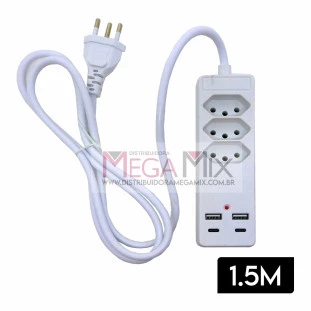 Extensão 3 Tomadas Bivolt c/2 USB 1.5m SL7906 -  Kapbom 