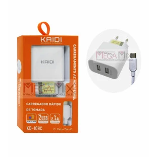 Carregador de Celular Tipo C  2 USB 2.4A KD-109C - Kaidi 