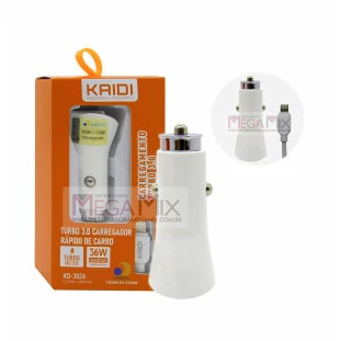 Carregador Veicular com Cabo Iphone com 2 USB KD-302A - Kaidi
