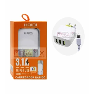 Carregador de Celular Tipo C com 3 USB KD-557C - Kaidi