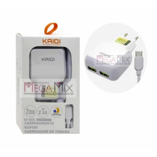 Carregador de Celular 2 USB +Tipo-C 2.4A KD-605C - Kaidi