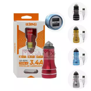 Carregador Veicular com Cabo Tipo C 2 USB 3.4A LE-527C - It-Blue