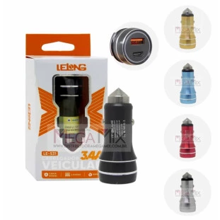 Carregador Veicular USB + Tipo C 3.4A LE-531 - Lelong