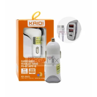 Carregador Veicular Turbo com Cabo Iphone 2 USB + 1 USB-C 38W KD-304CL - Kaidi