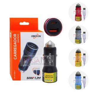 Carregador Veicular com Cabo Tipo C 1 USB + 1 USB-C 50W 1M OR-IC108/C - Oberon
