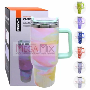 Copo Térmico Inox com Alça e Canudo (Marmorizado) 1200ML Vacuum Cup