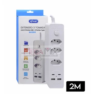 Extensão 3 Tomadas + 2 USB + 2 Tipo-C 2M BX2203 - Knup