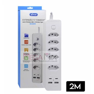 Extensão 5 Tomadas + 2 USB + 2 Tipo-C 2M BX2205 - Knup