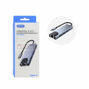 Adaptador Tipo C 5 em 1 para Rede/USB 2.0/USB 3.0/HDMI/Tipo C KP-AD143 - Knup