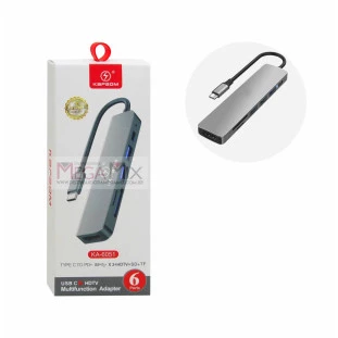 Hub 6 em 1 Tipo C para USB 3.0/Tipo C/HDMI/Leitor SD e TF KA-6051 - Kapbom