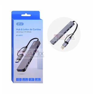 Hub USB e Tipo-C 5 Portas + 3.5 Áudio + Leitor de Cartão KP-HB513 - Knup