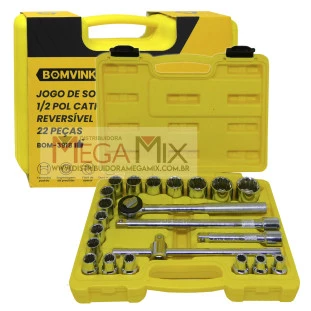 Kit de Chave Soquete 1/2" Catraca Reversível com 22 Peças BOM-3918 Bomvink