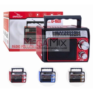 Rádio AM/FM/USB/SD Recarregável D-1601 - Grasep