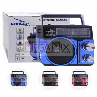 Rádio Recarregável AM/FM/USB/SD D-1602 - Grasep