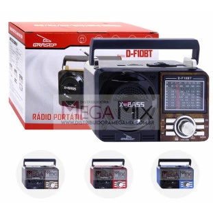Rádio Portátil Recarregável Bluetooth AM/FM/SD/USB D-F10BT - Grasep